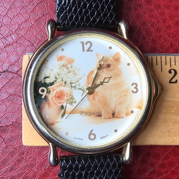 Vintage Regent Watch Cat Flowers Gold Tone Black Leather Wristband Analog Dial - Picture 8 of 16